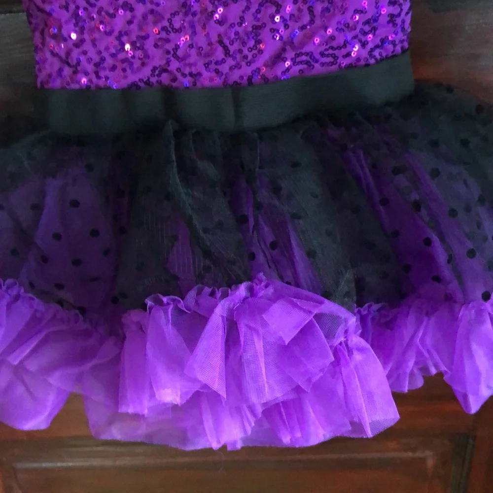Weissman IC #10908 purple and black faux off shoulder/ ruffle on shoulder&skirt